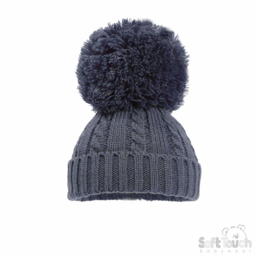 Steel Blue Elegance Cable Knit Pom Pom Hat