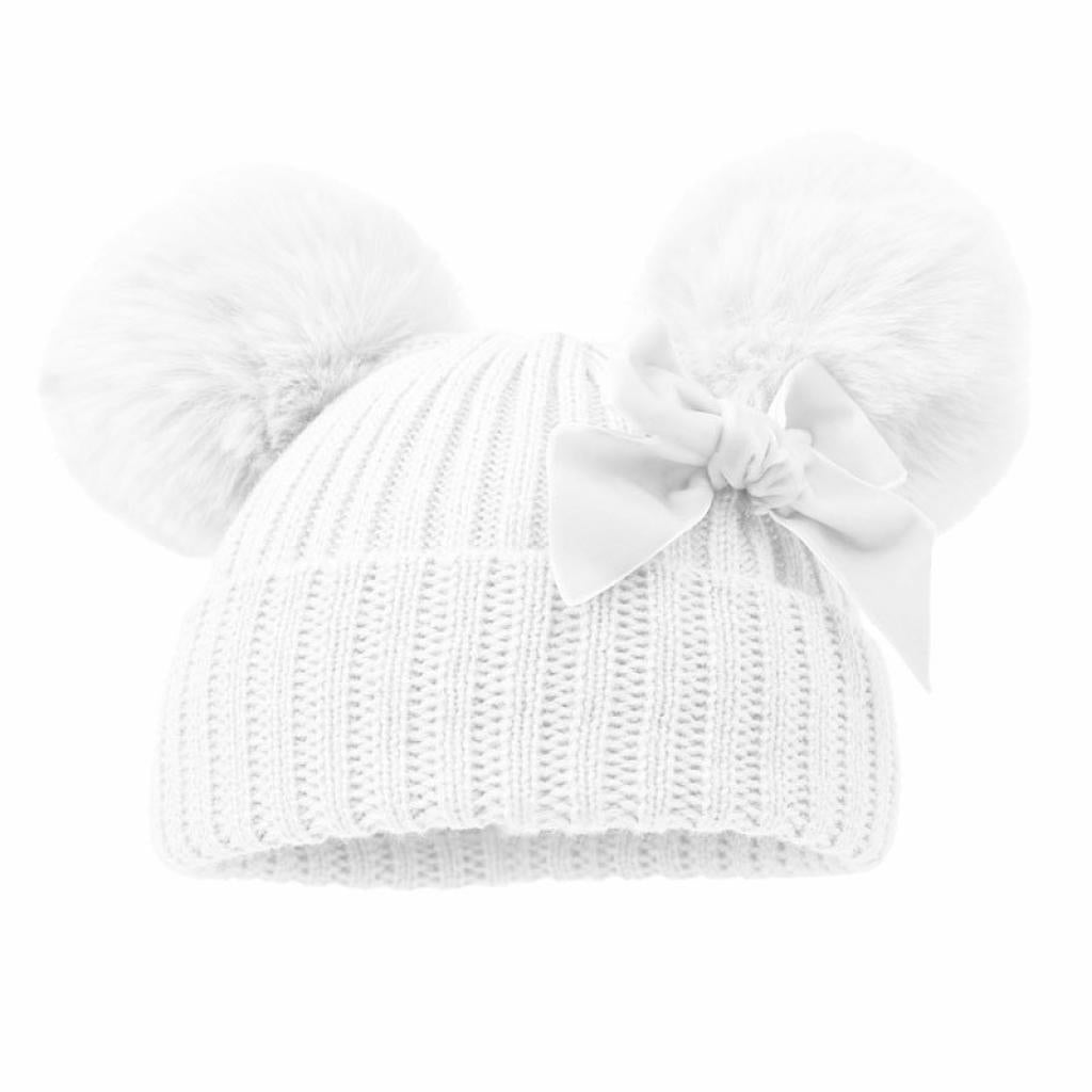 White Velvet ribbon Pom Pom Hat