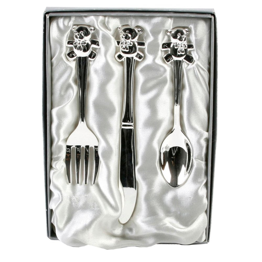 Silverplated Knife, Fork & Spoon Set with Teddy Tops