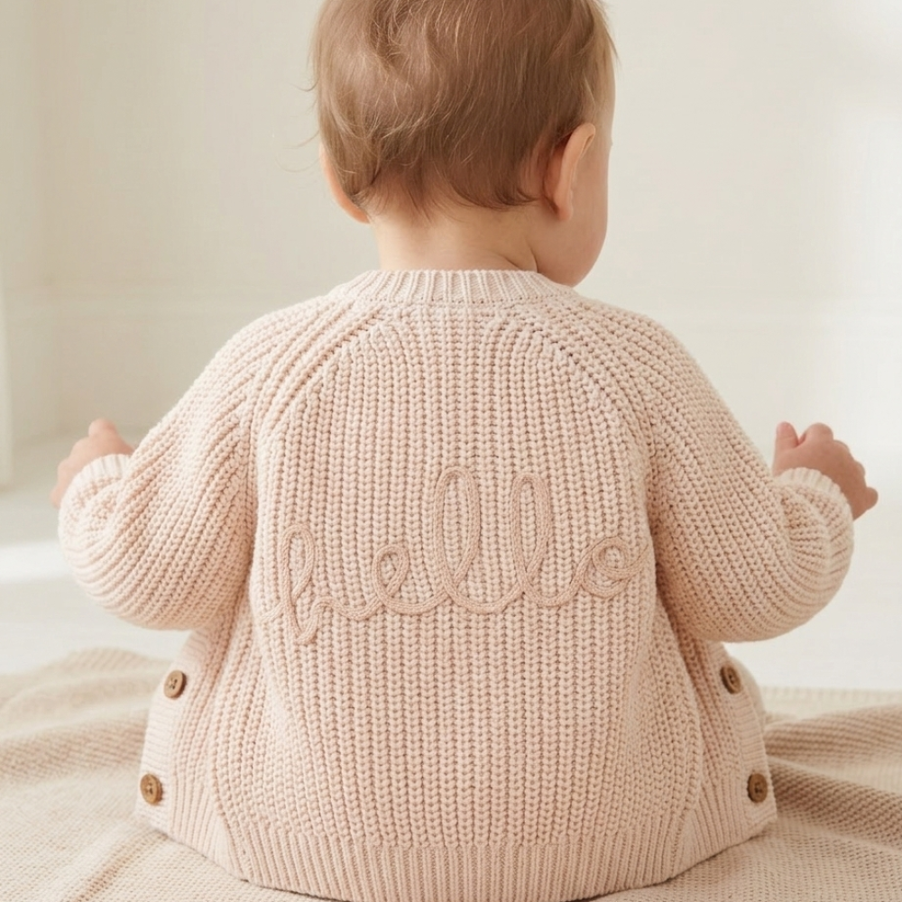Baby Cream Cotton Knit Cardigan With Embroidery Detail- Hello