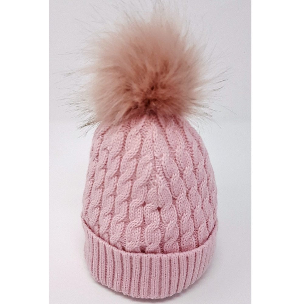 Baby Cable Knit Fur Pom Hat- Dusky Pink