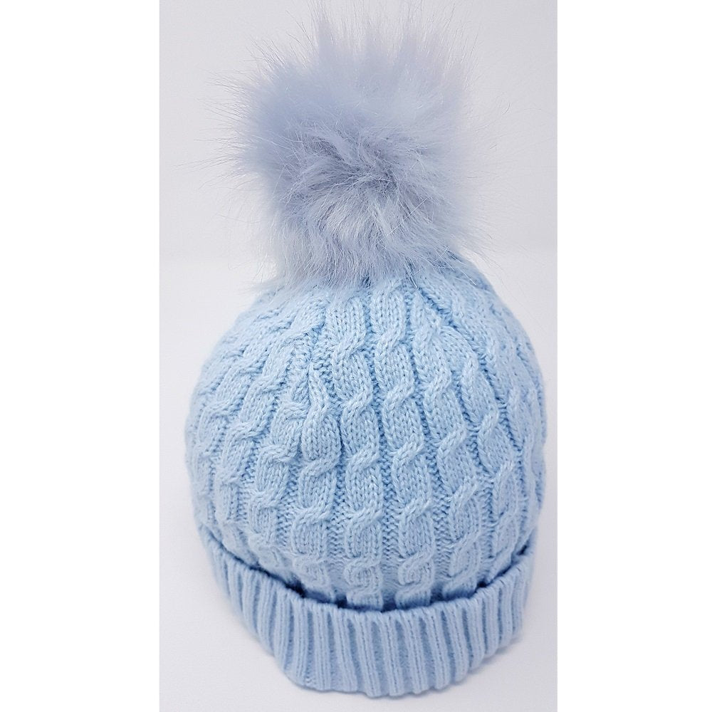 Baby Cable Knit Fur Pom Hat- Sky