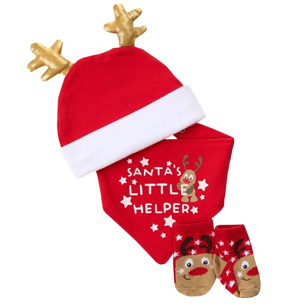 Baby Christmas Reindeer Hat, Bib & Socks Set