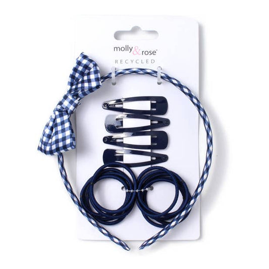 Navy Blue Clips, elastic bands and gingham aliceband set