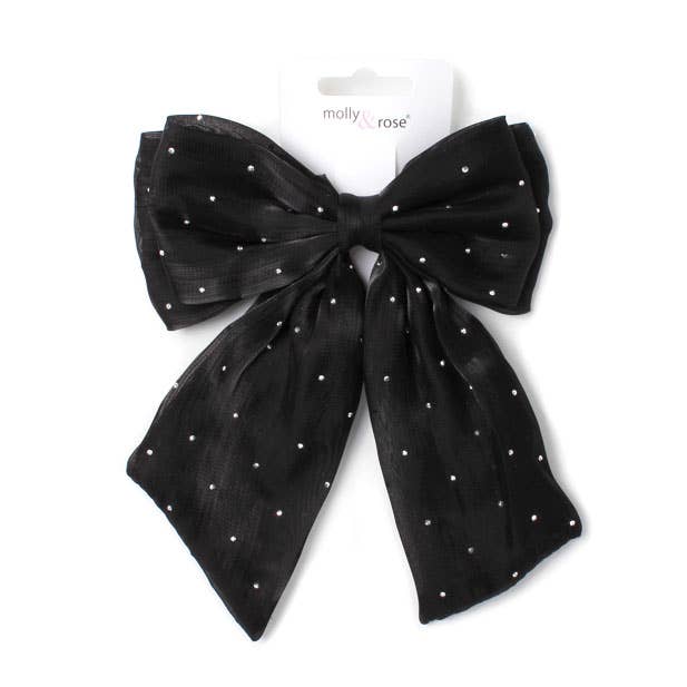 Black double bow hair clip with tails 8cm