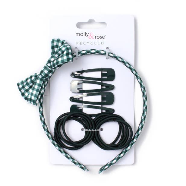 Bottle Green Clips, elastic bands and gingham aliceband set