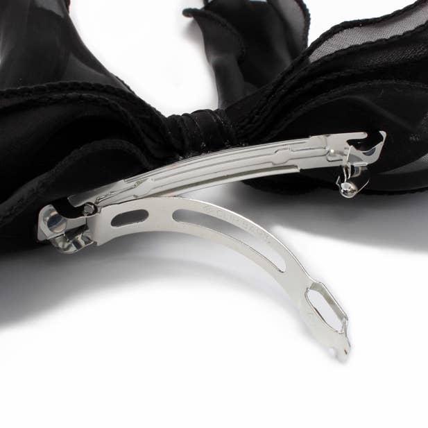Black chiffon double bow barrette clip with tails 8cm
