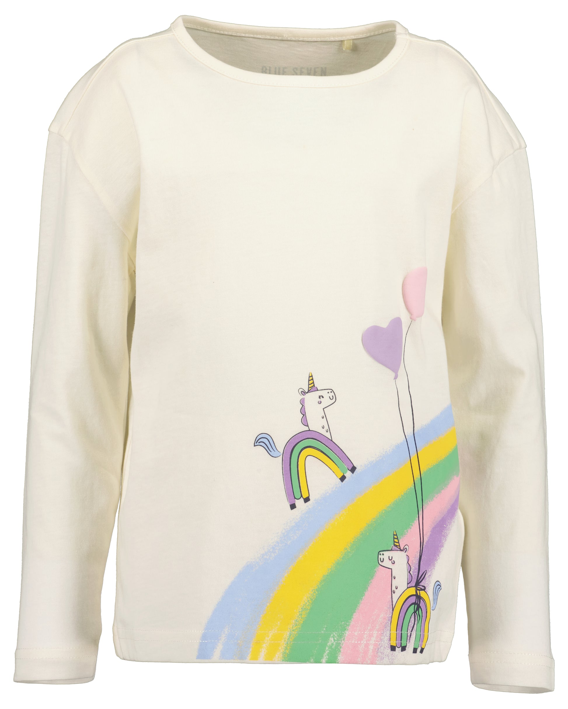 An off-white long-sleeve crewneck sweatshirt featuring a colorful graphic print of two unicorns riding rainbows with pastel purple and pink balloons.