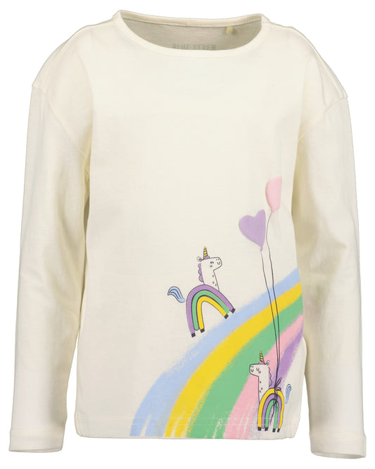 An off-white long-sleeve crewneck sweatshirt featuring a colorful graphic print of two unicorns riding rainbows with pastel purple and pink balloons.