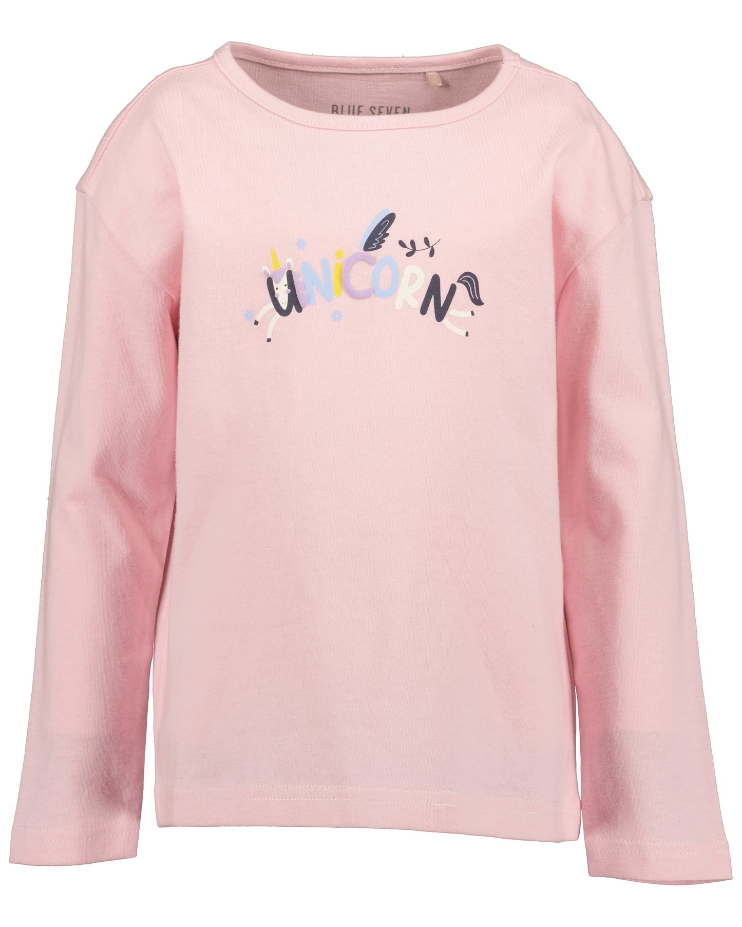 A light pink long-sleeve crewneck sweatshirt featuring a colorful graphic on the chest that reads 'my UNICORN' in stylized lettering with small unicorn illustrations.
