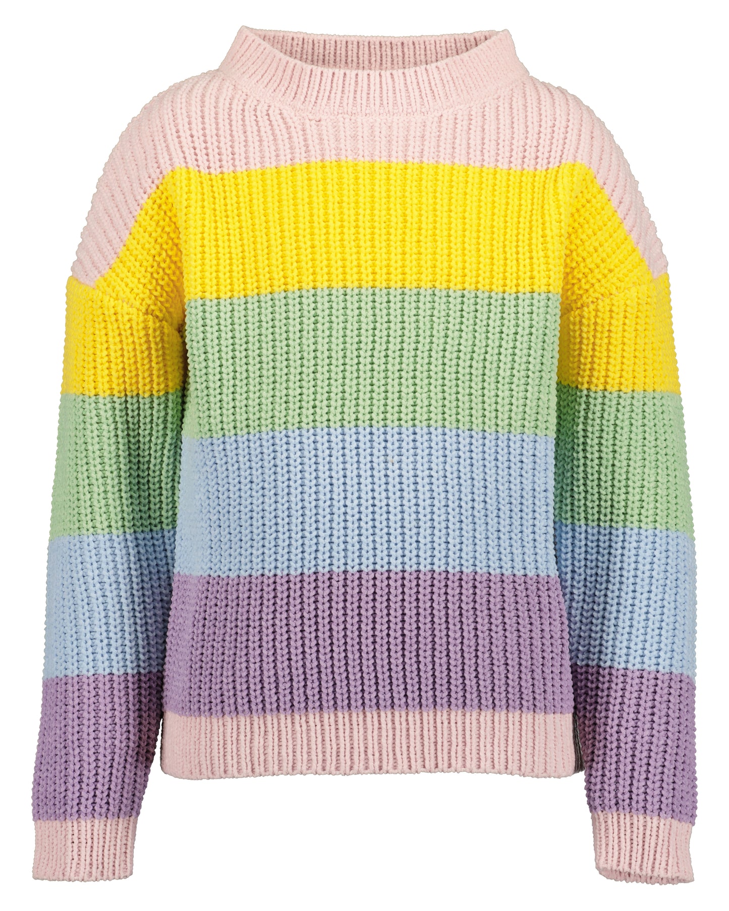 A pastel rainbow-striped knit sweater with a mock neck, featuring horizontal bands of pink, yellow, green, light blue, lavender, and dark purple on a white background.