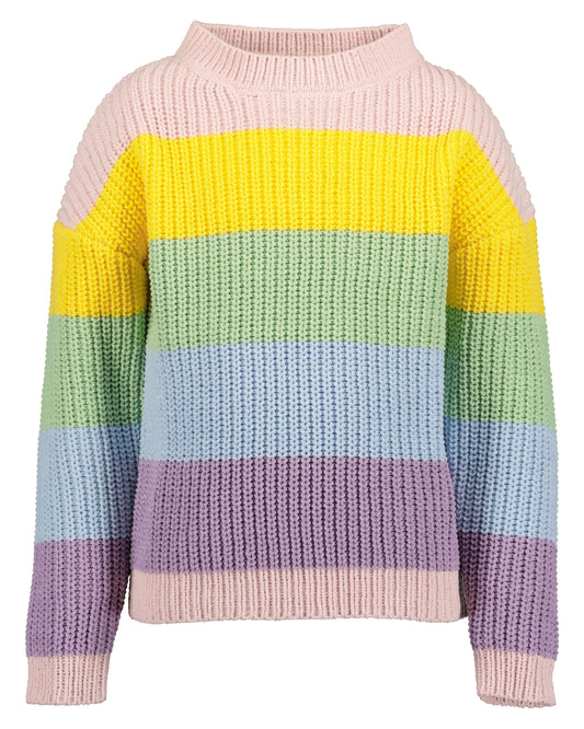 A pastel rainbow-striped knit sweater with a mock neck, featuring horizontal bands of pink, yellow, green, light blue, lavender, and dark purple on a white background.