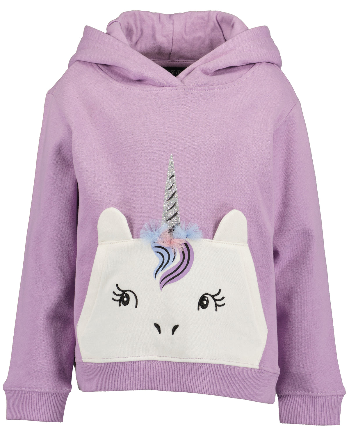 A children's lavender purple hoodie sweatshirt featuring a large white applique face with a unicorn horn and colorful mane on the front.