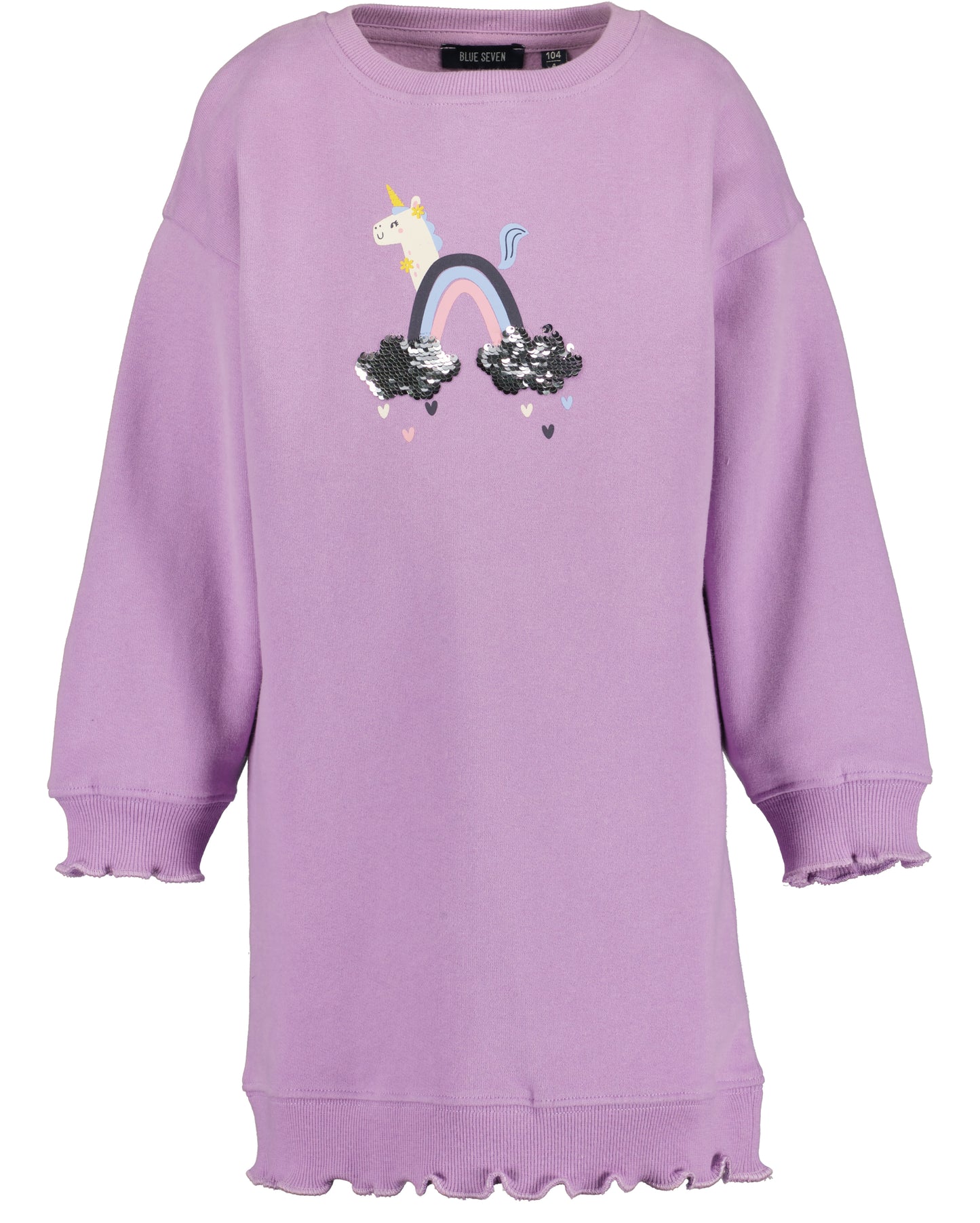 A lavender purple long-sleeve sweatshirt dress with a ruffled hem and cuffs, featuring a graphic of a unicorn jumping over a rainbow on the chest.