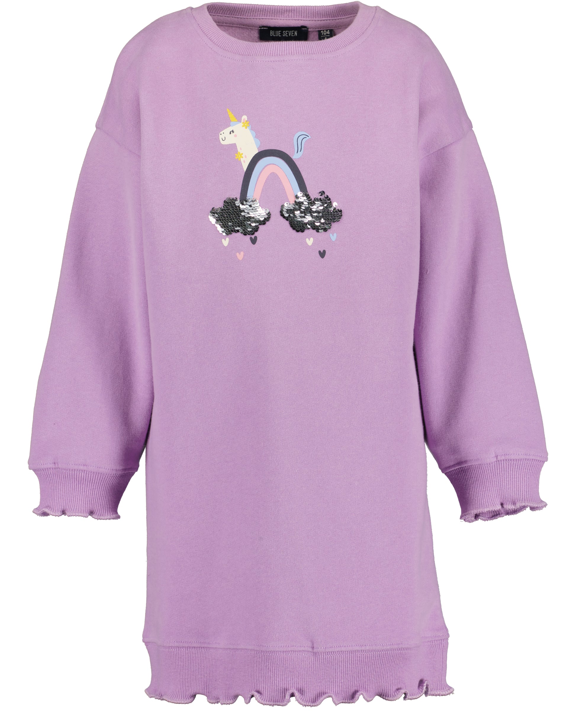 A lavender purple long-sleeve sweatshirt dress with a ruffled hem and cuffs, featuring a graphic of a unicorn jumping over a rainbow on the chest.