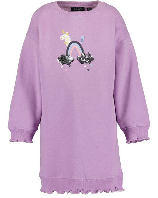 A lavender purple long-sleeve sweatshirt dress with a ruffled hem and cuffs, featuring a graphic of a unicorn jumping over a rainbow on the chest.