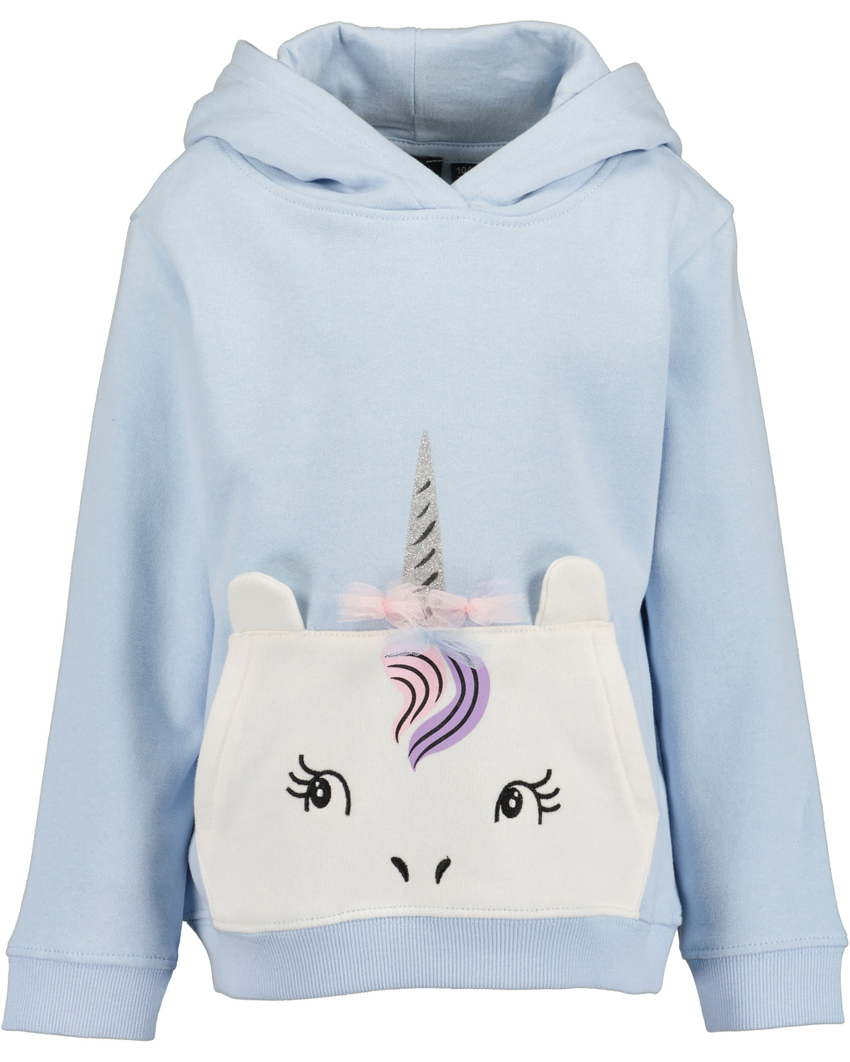 A light blue children's pullover hoodie featuring a large white front pocket designed as a unicorn face, with a purple and pink mane and horn.