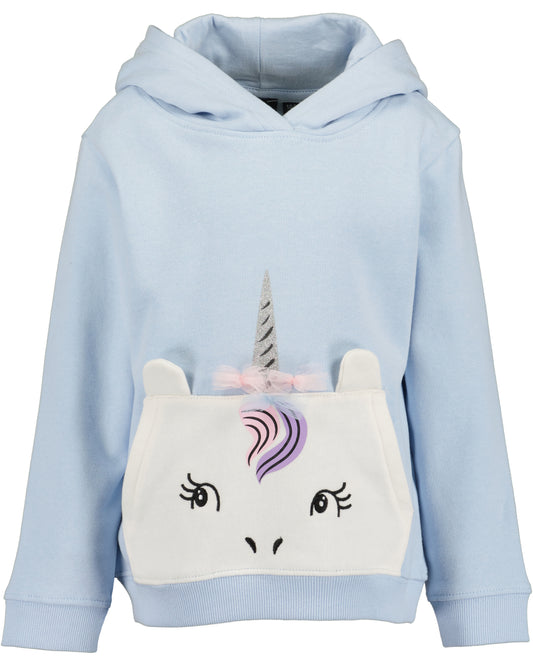 A light blue children's pullover hoodie featuring a large white front pocket designed as a unicorn face, with a purple and pink mane and horn.