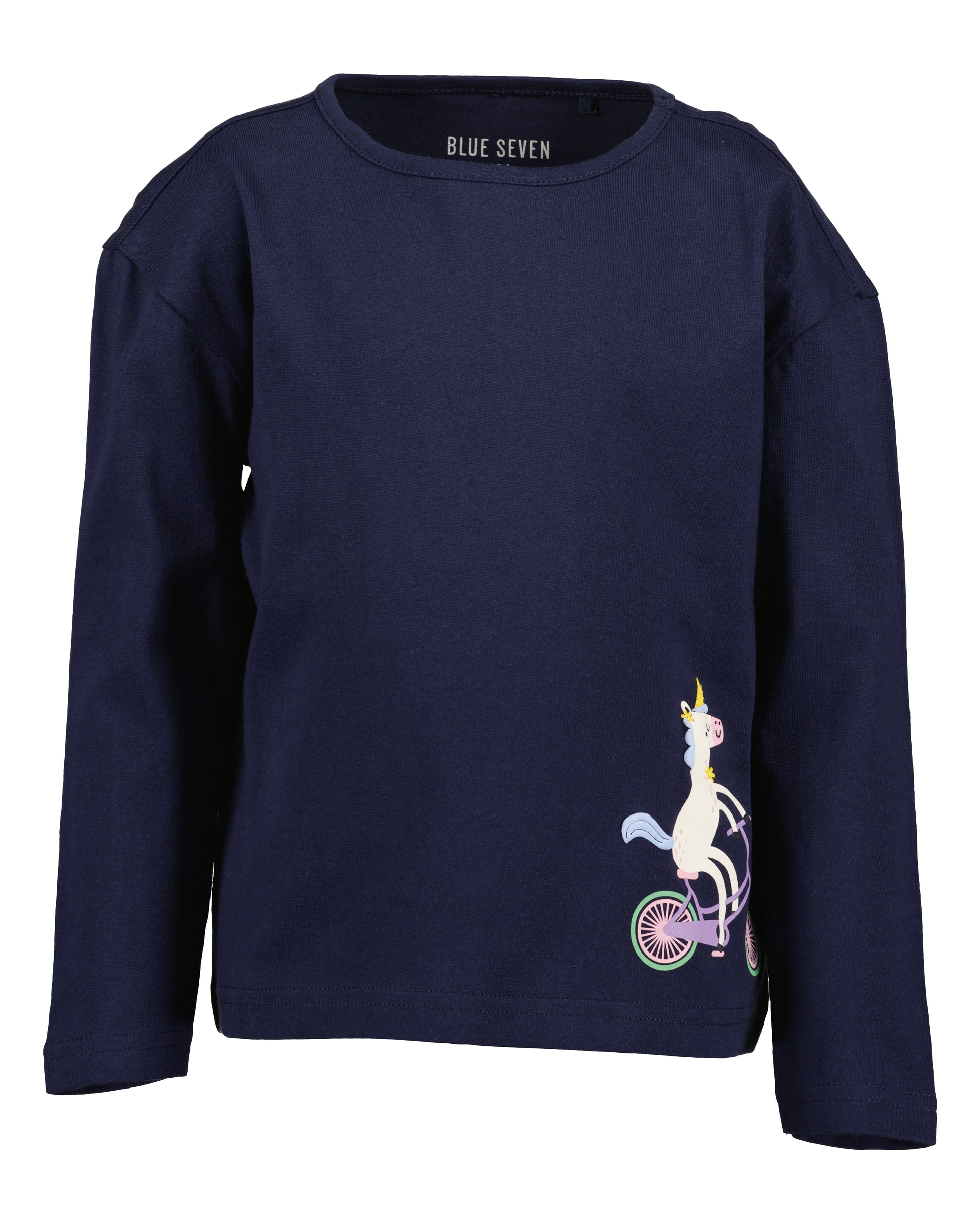 A navy blue long-sleeve crewneck sweatshirt by Blue Seven, featuring a graphic of a white unicorn riding a purple bicycle on the lower right side.