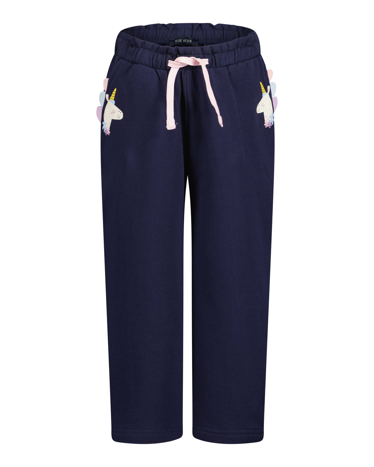 Navy blue cropped sweatpants with a white drawstring and embroidered unicorn patches on the upper thighs, shown against a plain white background.