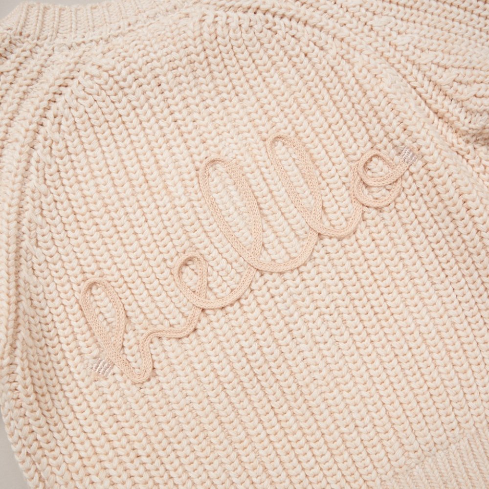 Baby Cream Cotton Knit Cardigan With Embroidery Detail- Hello