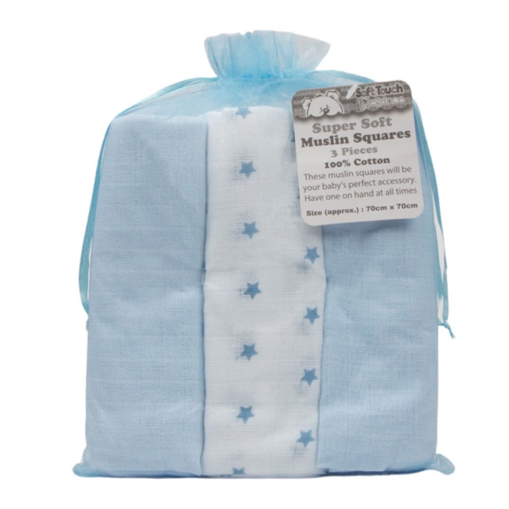 Blue 3 Pack Muslin Squares in Gift Bag
