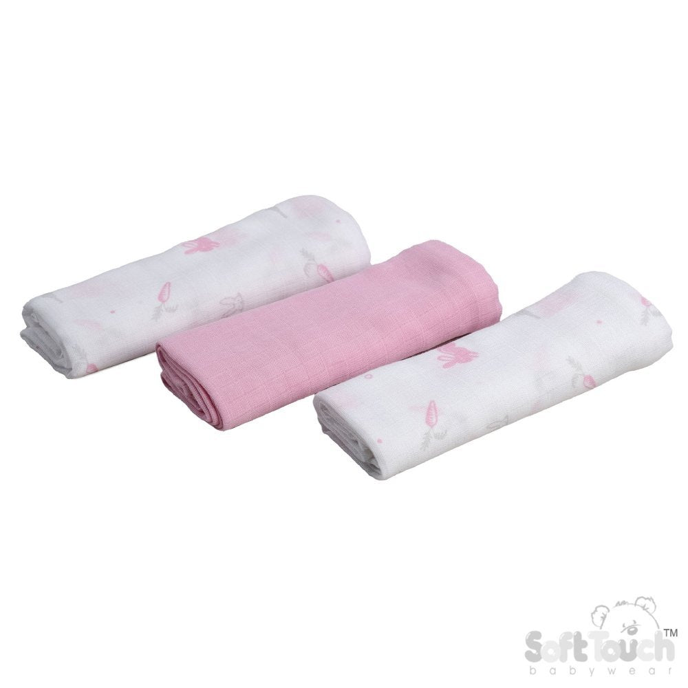 Pink 3 Pack Muslin Squares in Gift Bag