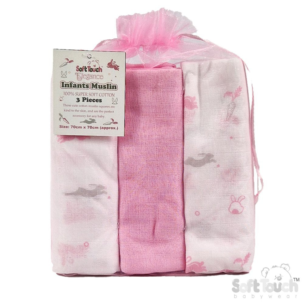 Pink 3 Pack Muslin Squares in Gift Bag