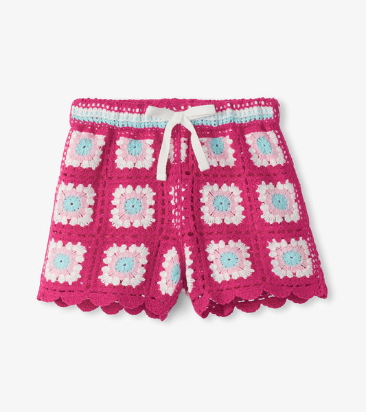 Raspberry rose crochet shorts