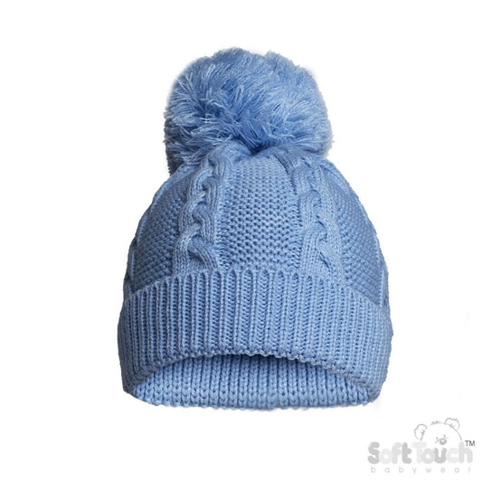 Blue Elegance Cable Knit Pom Pom Hat