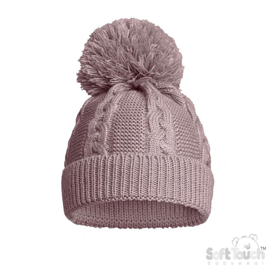 Dusky Pink Elegance Cable Knit Pom Pom Hat