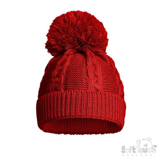 Red Elegance Cable Knit Pom Pom Hat