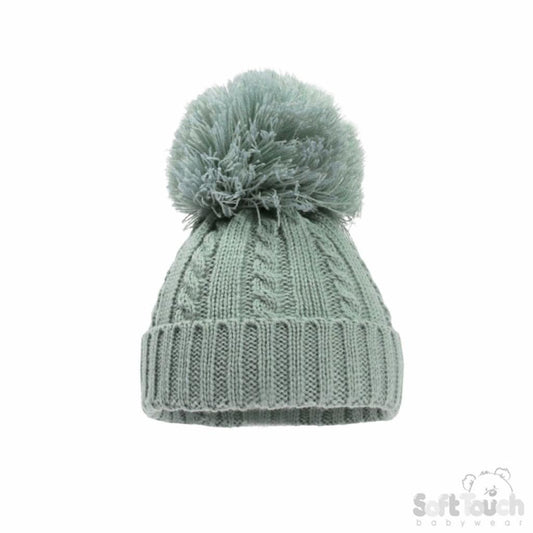 Sage Green Elegance Cable Knit Pom Hat