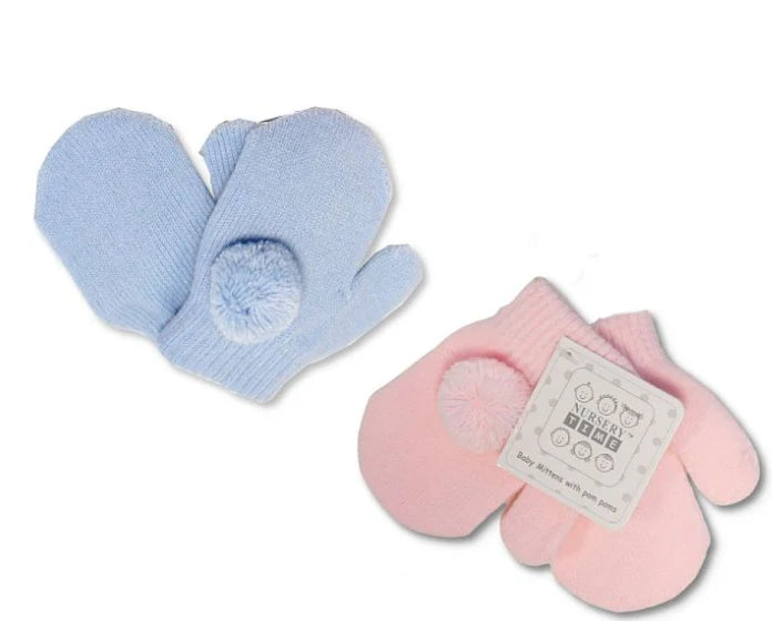 Knitted Baby Mittens with Pompoms