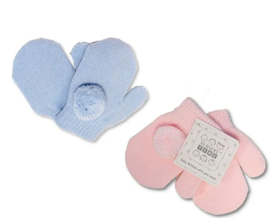 Knitted Baby Mittens with Pompoms