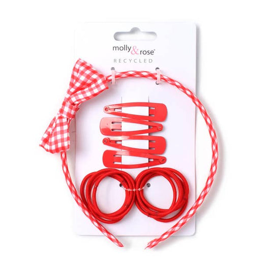 Red Clips, elastic band and gingham aliceband set