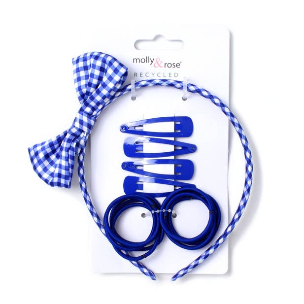 Royal Blue Clips, elastic bands and gingham aliceband set