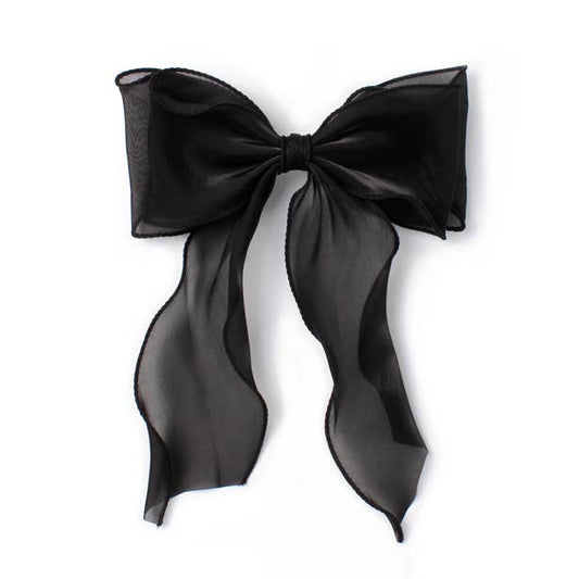 Black chiffon double bow barrette clip with tails 8cm
