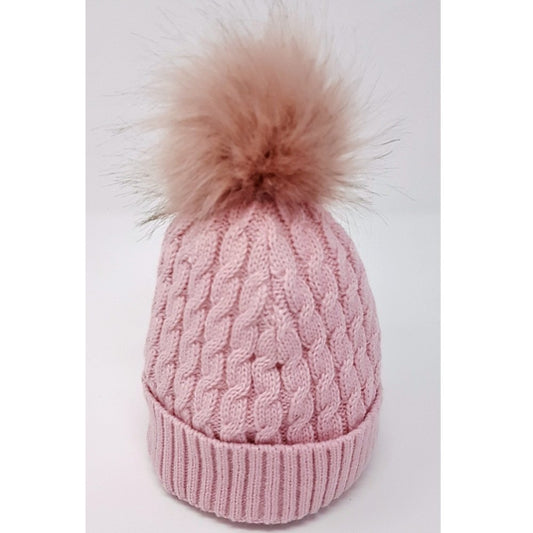 Baby Cable Knit Fur Pom Hat- Dusky Pink